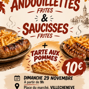 Vente d&rsquo;andouillettes et saucisses / frites + tarte aux pommes