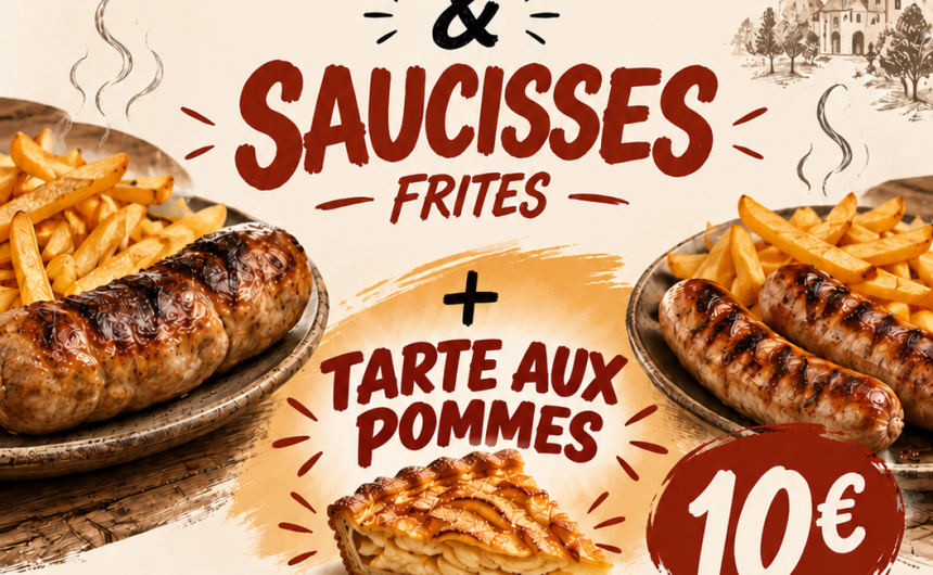 Vente d&rsquo;andouillettes et saucisses / frites + tarte aux pommes